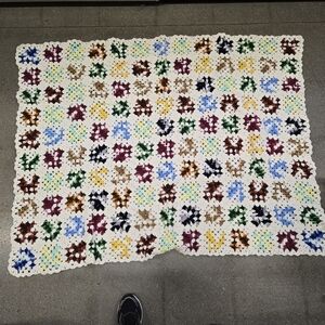 Crochet Knit Colorful Granny Square Afghan Throw Blanket Vintage 46x60"Vguc